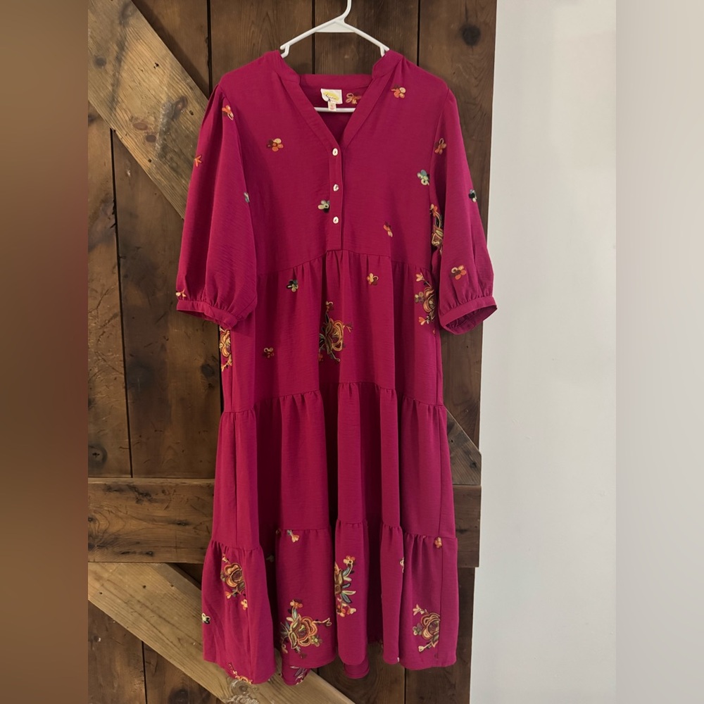 Fig and Flower Women's Maxi Dress in Rich Pink with Floral Embroidery